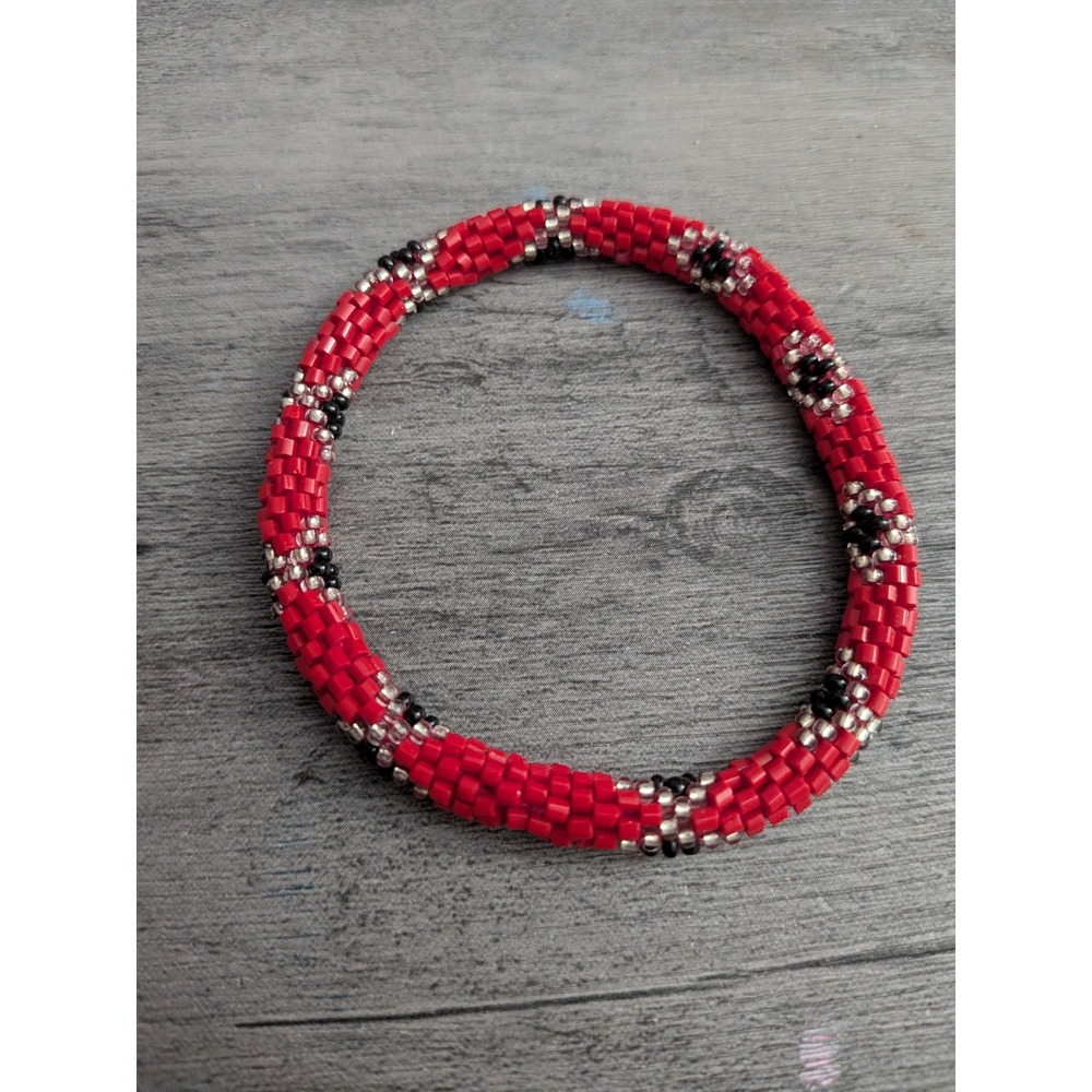 Red Seed Bead Roll On Bracelet Black Silver Geometric Boho Crochet Bangle